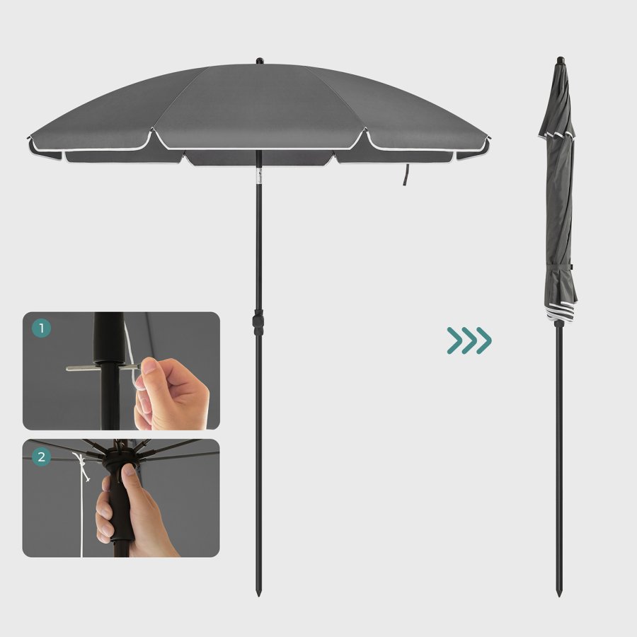 SONGMICS GPU060G01 strandparasol, m. UPF 50+, solbeskyttelse, vippemekanisme, b�retaske, b�rbar, ottekantet - gr� polyester og jern