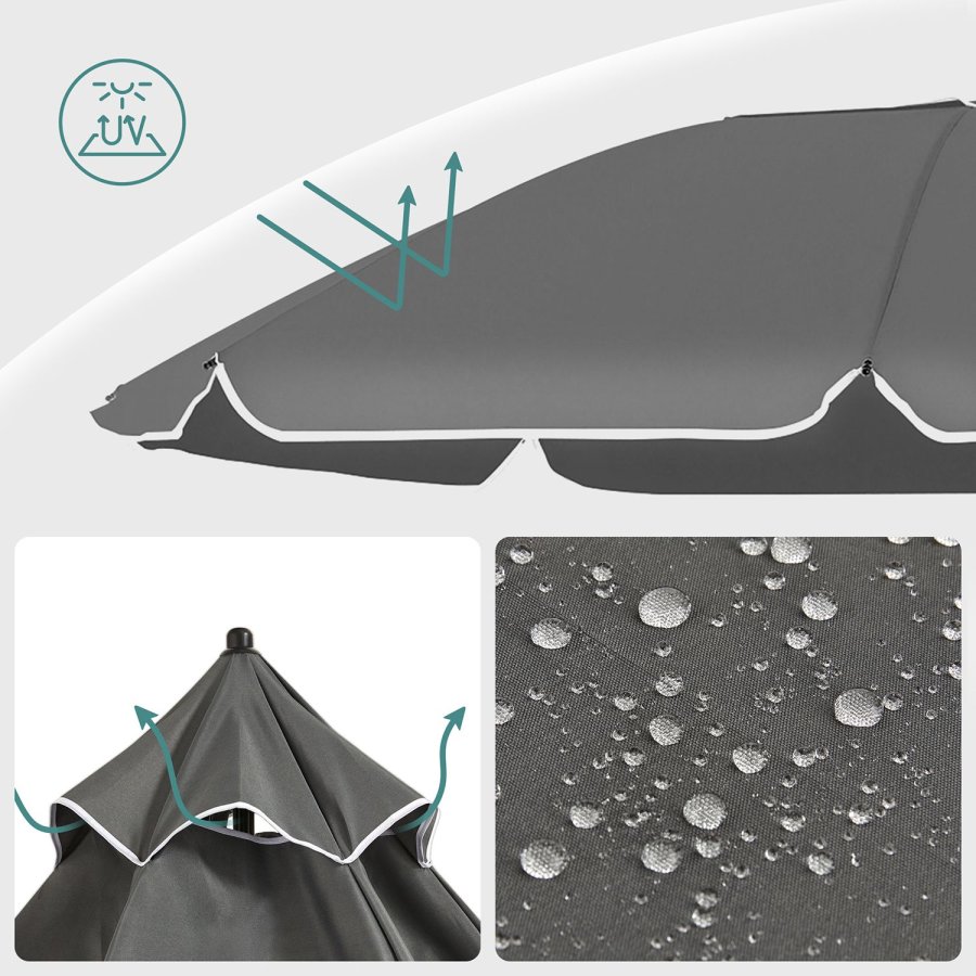 SONGMICS GPU060G01 strandparasol, m. UPF 50+, solbeskyttelse, vippemekanisme, b�retaske, b�rbar, ottekantet - gr� polyester og jern