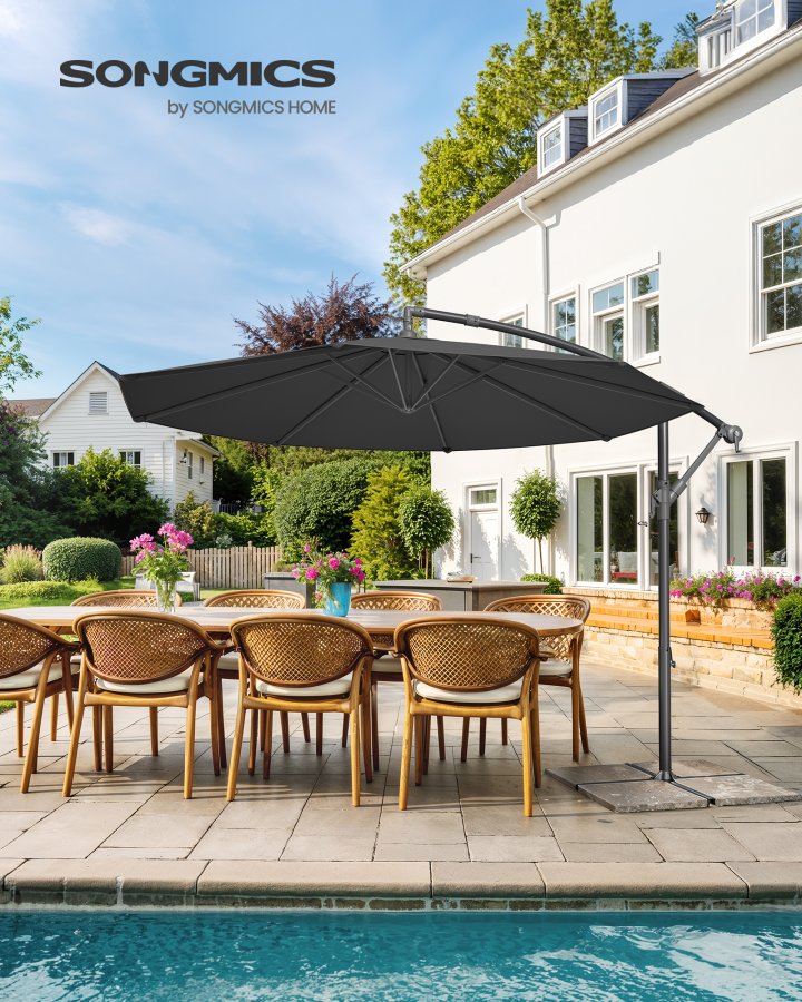 SONGMICS Frittst�ende hageparasoll, 3 m bananhageparasoll med base, hengende parasoll med sveiv for �pning og lukking, solskjerm med UPF 50+ beskyttelse, gr� GPU116G01