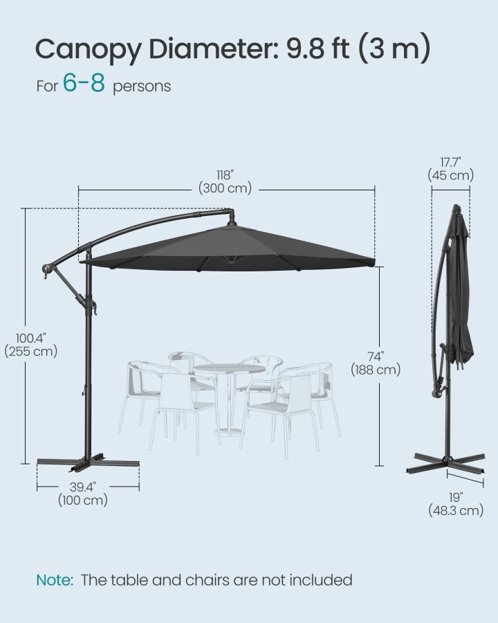 SONGMICS Frittst�ende hageparasoll, 3 m bananhageparasoll med base, hengende parasoll med sveiv for �pning og lukking, solskjerm med UPF 50+ beskyttelse, gr� GPU116G01