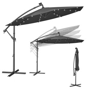 SONGMICS frittst�ende hageparasoll med solcelledrevne LED-lys, 3 m banan-terrasseparasoll med base, h�ndsveiv for �pning og lukking, solskjerm med UPF 50+ beskyttelse, gr� GPU118G01