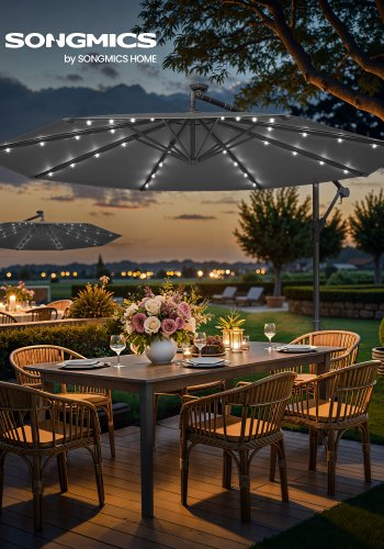 SONGMICS Gr� GPU118G01 parasol, m. solcelledrevne LED-lys, fod, h�ndsving til �bning og lukning, beskyttelse UPF 50+ - gr� polyester og metal (�300)