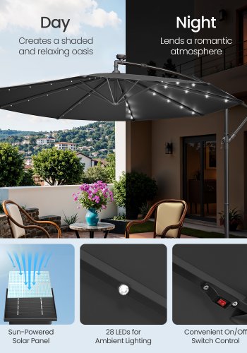 SONGMICS Gr� GPU118G01 parasol, m. solcelledrevne LED-lys, fod, h�ndsving til �bning og lukning, beskyttelse UPF 50+ - gr� polyester og metal (�300)