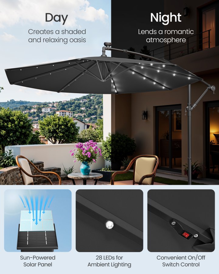 SONGMICS frittst�ende hageparasoll med solcelledrevne LED-lys, 3 m banan-terrasseparasoll med base, h�ndsveiv for �pning og lukking, solskjerm med UPF 50+ beskyttelse, gr� GPU118G01