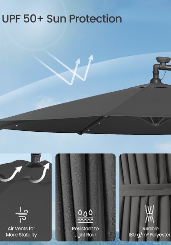 SONGMICS frittst�ende hageparasoll med solcelledrevne LED-lys, 3 m banan-terrasseparasoll med base, h�ndsveiv for �pning og lukking, solskjerm med UPF 50+ beskyttelse, gr� GPU118G01