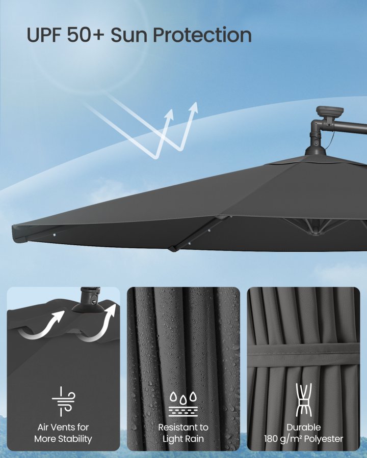SONGMICS frittst�ende hageparasoll med solcelledrevne LED-lys, 3 m banan-terrasseparasoll med base, h�ndsveiv for �pning og lukking, solskjerm med UPF 50+ beskyttelse, gr� GPU118G01