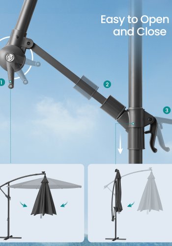 SONGMICS frittst�ende hageparasoll med solcelledrevne LED-lys, 3 m banan-terrasseparasoll med base, h�ndsveiv for �pning og lukking, solskjerm med UPF 50+ beskyttelse, gr� GPU118G01