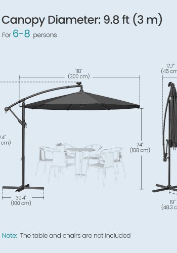 SONGMICS frittst�ende hageparasoll med solcelledrevne LED-lys, 3 m banan-terrasseparasoll med base, h�ndsveiv for �pning og lukking, solskjerm med UPF 50+ beskyttelse, gr� GPU118G01
