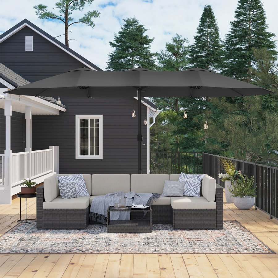 SONGMICS GPU36GY dobbeltsidet parasol, m. UPF 50+ beskyttelse, h�ndsving, uden fod - gr� polyester og st�l