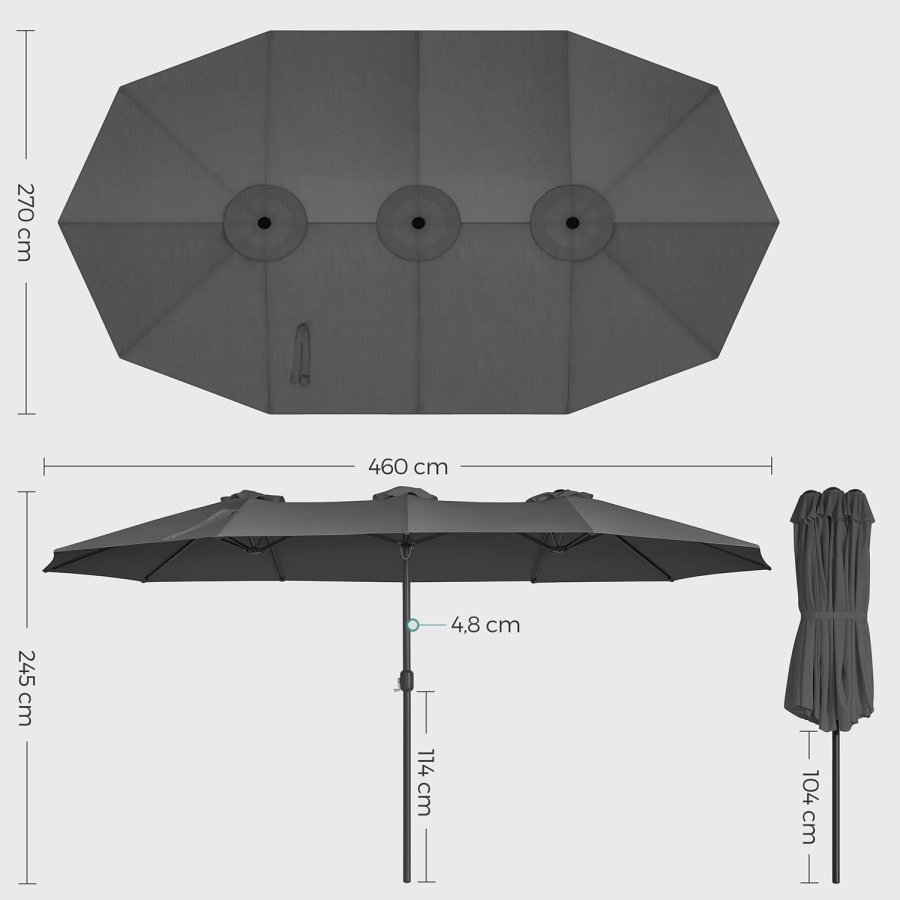 SONGMICS GPU36GY dobbeltsidet parasol, m. UPF 50+ beskyttelse, h�ndsving, uden fod - gr� polyester og st�l