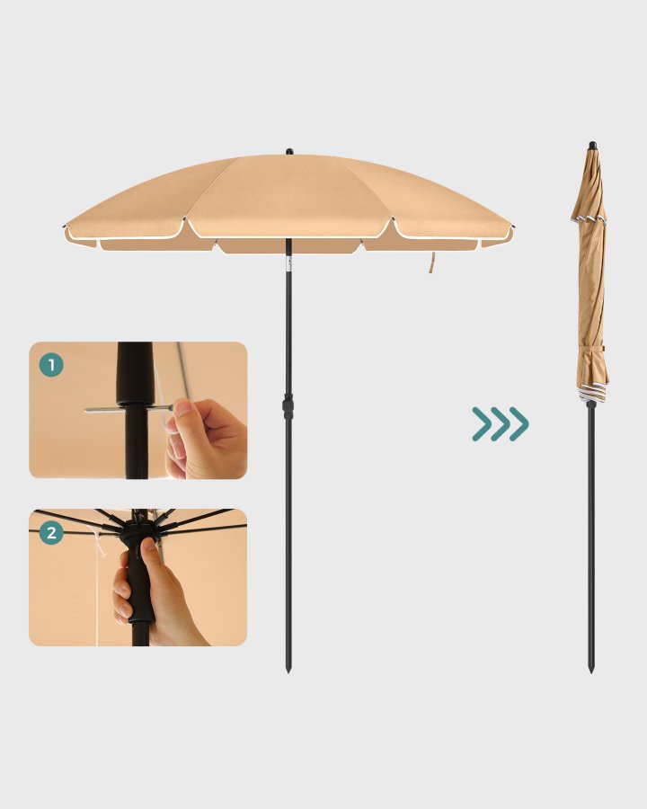 SONGMICS GPU060G01 strandparasoll, med UPF 50+, solbeskyttelse, vippemekanisme, b�reveske, b�rbar, �ttekantet - taupe polyester og jern