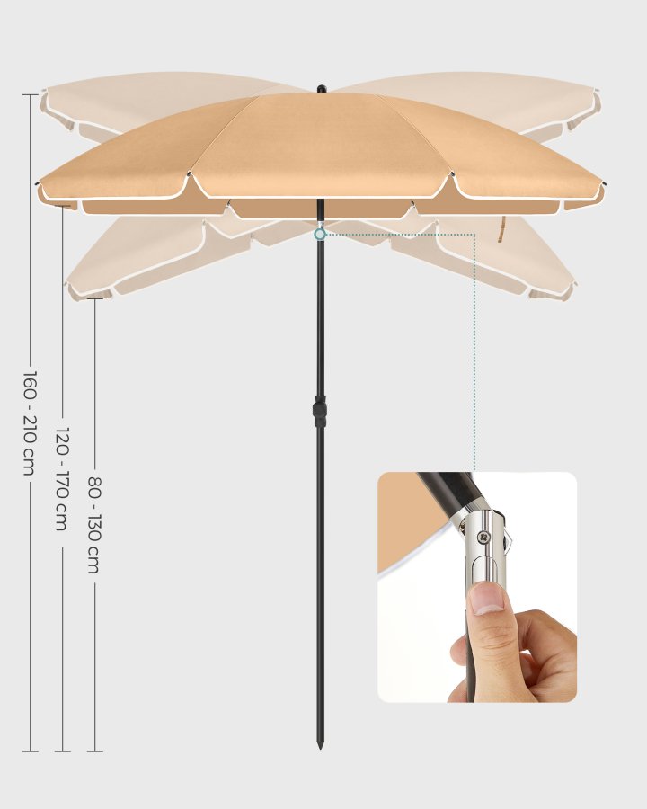 SONGMICS GPU060G01 strandparasoll, med UPF 50+, solbeskyttelse, vippemekanisme, b�reveske, b�rbar, �ttekantet - taupe polyester og jern