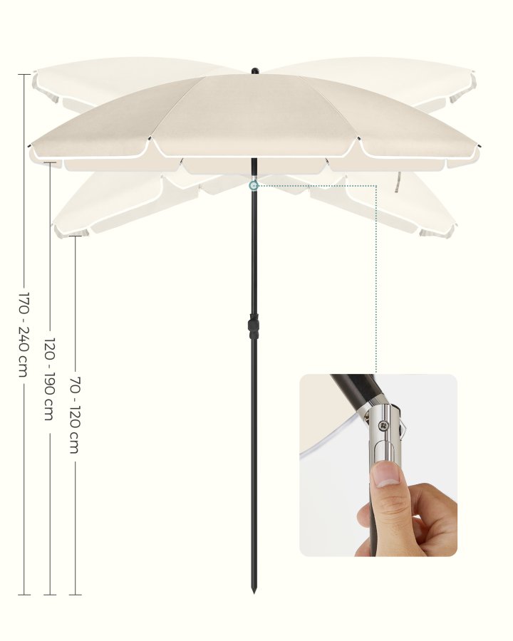 SONGMICS GPU65WTV1 strandparasoll, med UPF 50+, solbeskyttelse, vippemekanisme, b�reveske, b�rbar, �ttekantet - beige polyester og jern