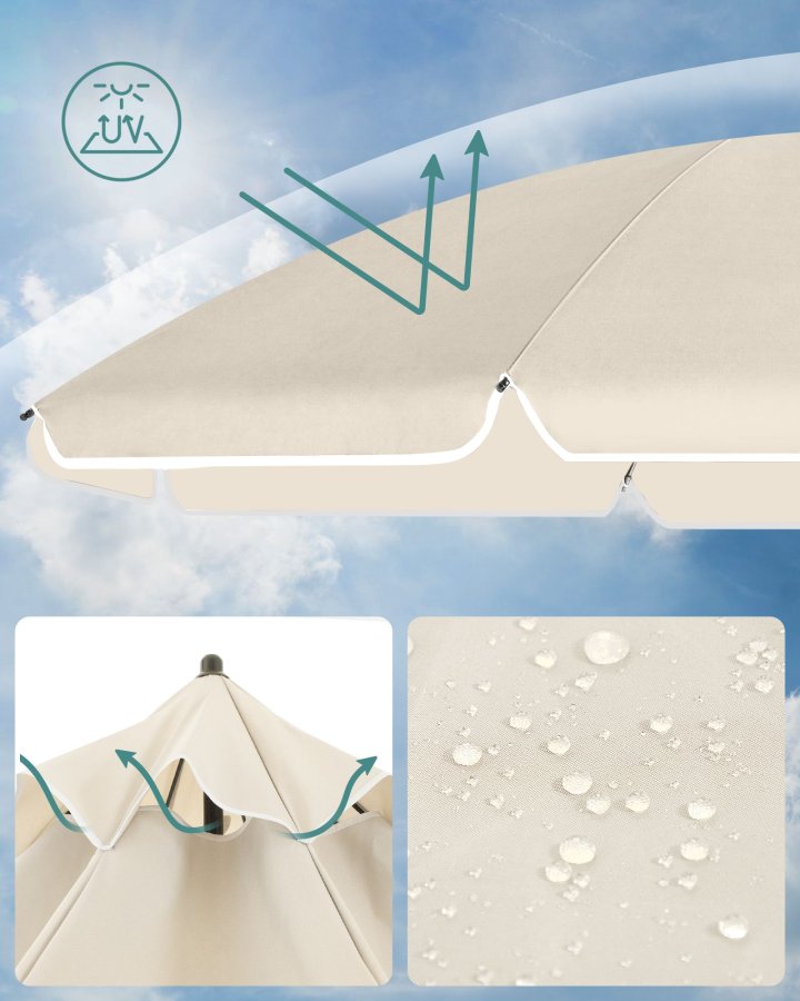 SONGMICS GPU65WTV1 strandparasoll, med UPF 50+, solbeskyttelse, vippemekanisme, b�reveske, b�rbar, �ttekantet - beige polyester og jern
