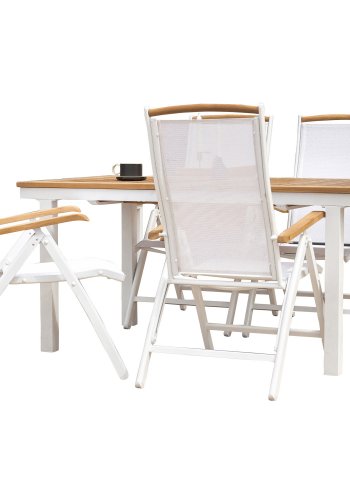 VENTURE DESIGN hagesett, m. Panamabord, med uttrekk og 4 Panama 5:pos. stoler - teak/alu/tekstiler