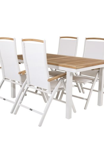 VENTURE DESIGN hagesett, m. Panamabord, med uttrekk og 4 Panama 5:pos. stoler - teak/alu/tekstiler