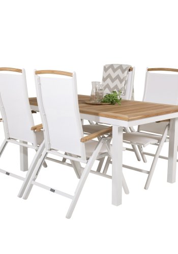 VENTURE DESIGN hagesett, m. Panamabord, med uttrekk og 4 Panama 5:pos. stoler - teak/alu/tekstiler