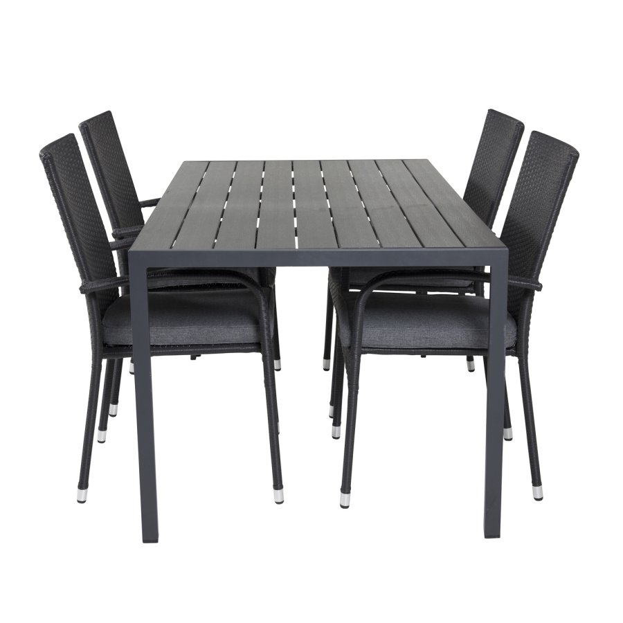 VENTURE DESIGN Gartenset mit Break-Tisch (150 x 90) und 4 Anna-Stühlen – schwarzes Eichenholz/Alu/Rattan 