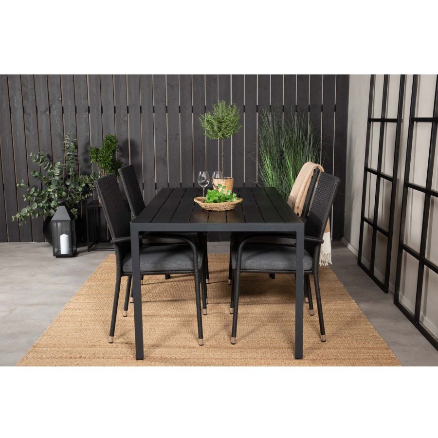 VENTURE DESIGN Gartenset mit Break-Tisch (150 x 90) und 4 Anna-Stühlen – schwarzes Eichenholz/Alu/Rattan 