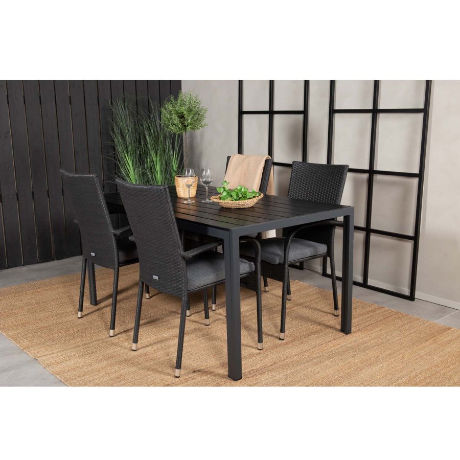 VENTURE DESIGN Gartenset mit Break-Tisch (150 x 90) und 4 Anna-Stühlen – schwarzes Eichenholz/Alu/Rattan 