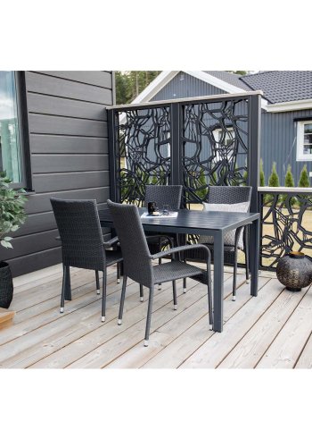 VENTURE DESIGN Gartenset mit Break-Tisch (150 x 90) und 4 Anna-Stühlen – schwarzes Eichenholz/Alu/Rattan 