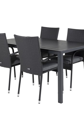 VENTURE DESIGN Gartenset mit Break-Tisch (150 x 90) und 4 Anna-Stühlen – schwarzes Eichenholz/Alu/Rattan 