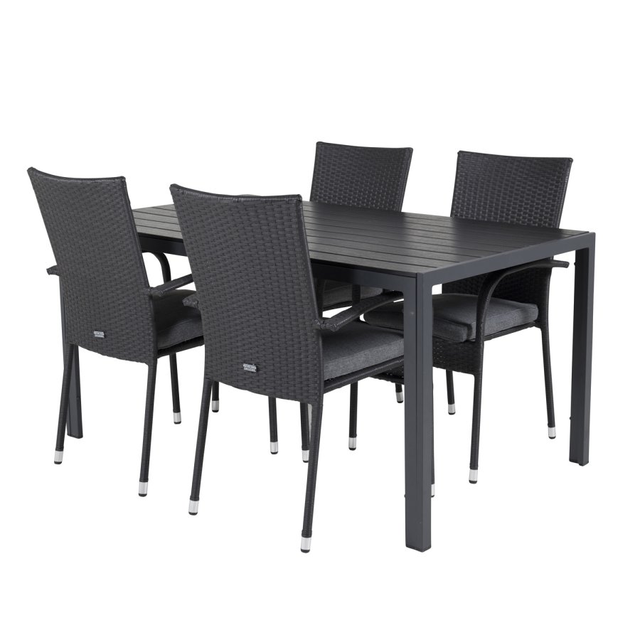 VENTURE DESIGN Gartenset mit Break-Tisch (150 x 90) und 4 Anna-Stühlen – schwarzes Eichenholz/Alu/Rattan 