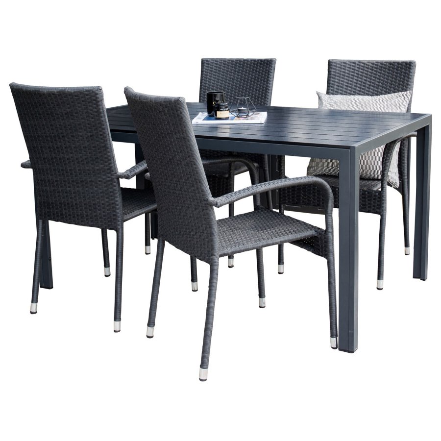 VENTURE DESIGN Gartenset mit Break-Tisch (150 x 90) und 4 Anna-Stühlen – schwarzes Eichenholz/Alu/Rattan 