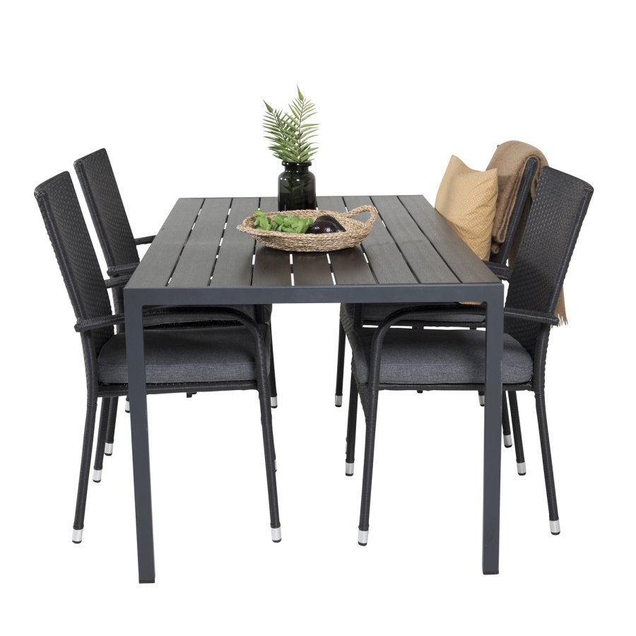 VENTURE DESIGN Gartenset mit Break-Tisch (150 x 90) und 4 Anna-Stühlen – schwarzes Eichenholz/Alu/Rattan 