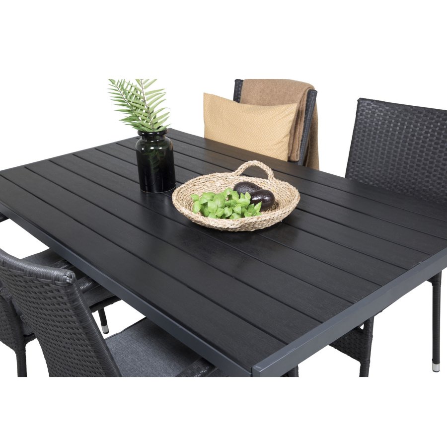 VENTURE DESIGN Gartenset mit Break-Tisch (150 x 90) und 4 Anna-Stühlen – schwarzes Eichenholz/Alu/Rattan 