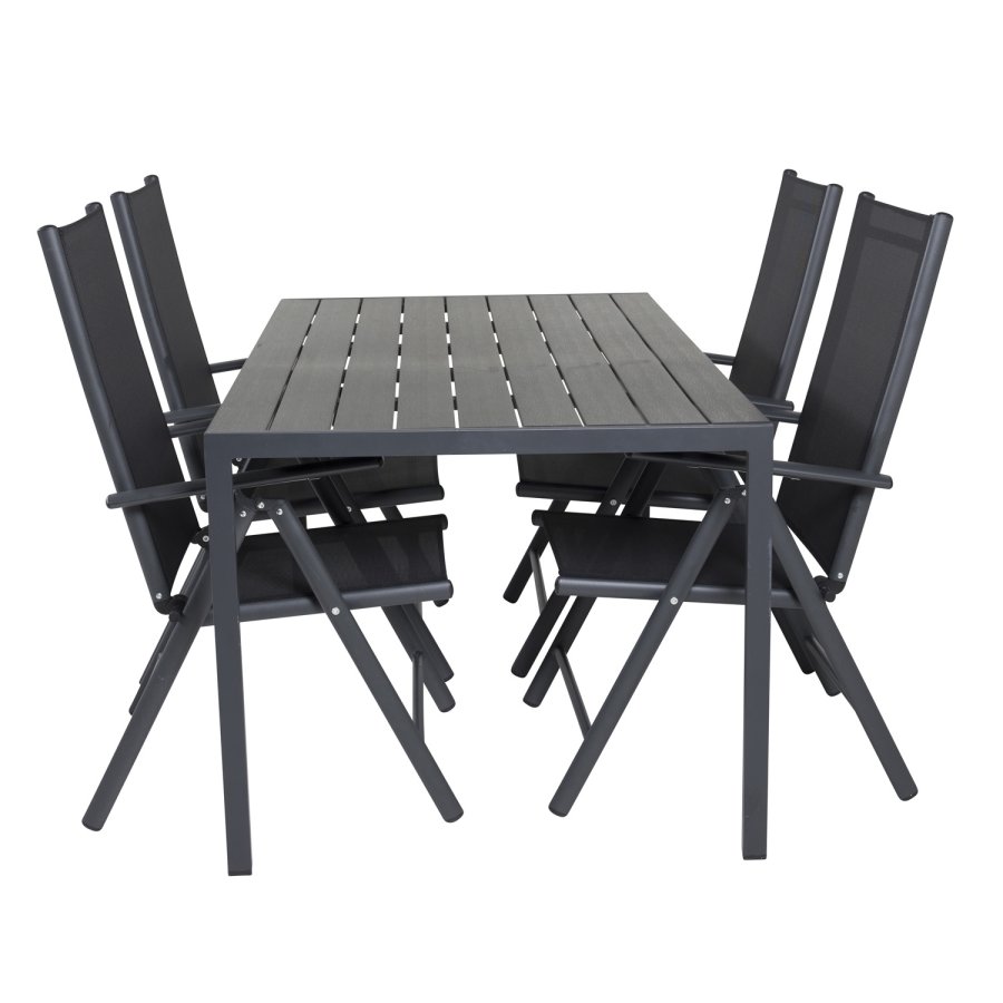 VENTURE DESIGN Gartenset mit Break-Tisch und 4 Break 5-Positionen-Stühlen mit Armlehnen - schwarzes Aluminium und Aintwood