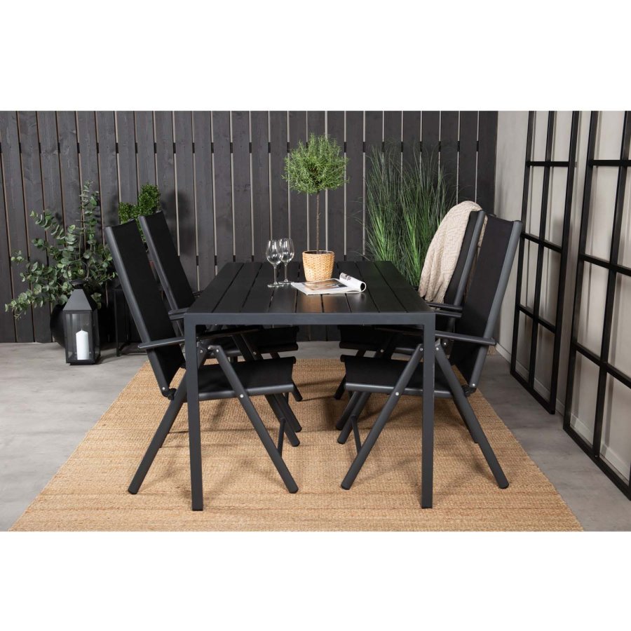 VENTURE DESIGN Gartenset mit Break-Tisch und 4 Break 5-Positionen-Stühlen mit Armlehnen - schwarzes Aluminium und Aintwood