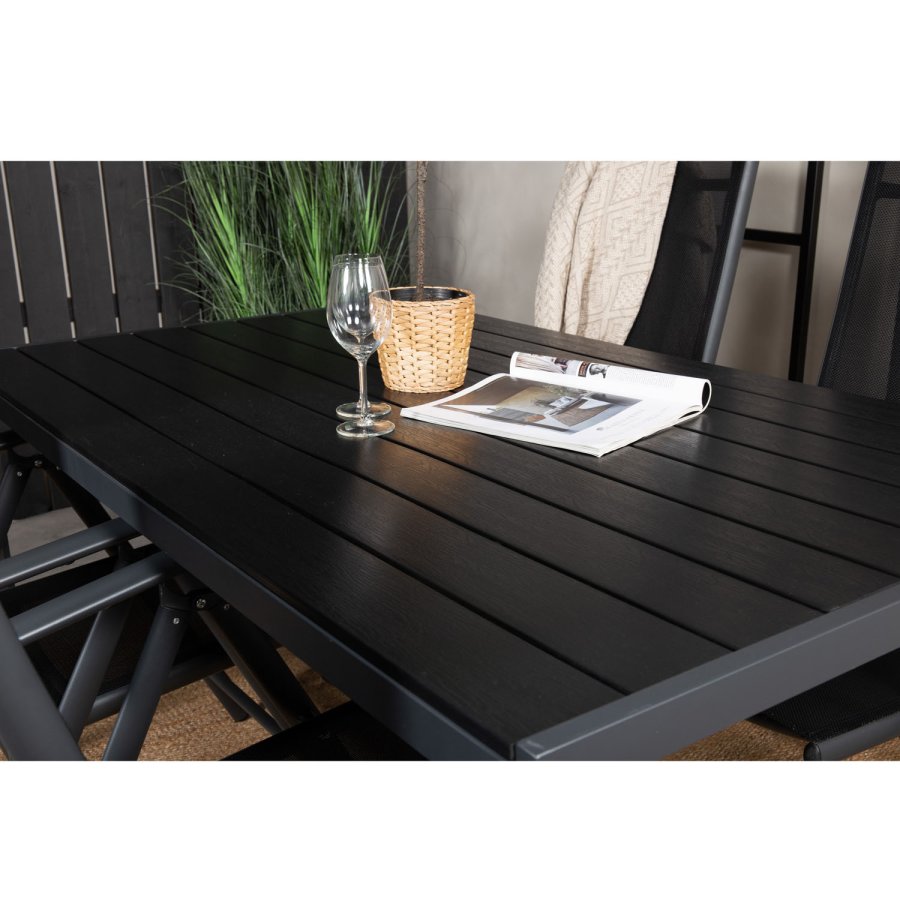 VENTURE DESIGN Gartenset mit Break-Tisch und 4 Break 5-Positionen-Stühlen mit Armlehnen - schwarzes Aluminium und Aintwood