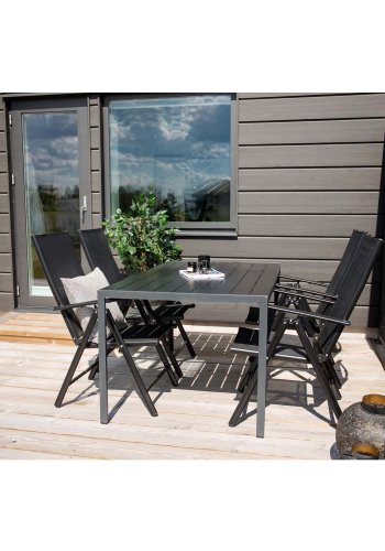 VENTURE DESIGN Gartenset mit Break-Tisch und 4 Break 5-Positionen-Stühlen mit Armlehnen - schwarzes Aluminium und Aintwood