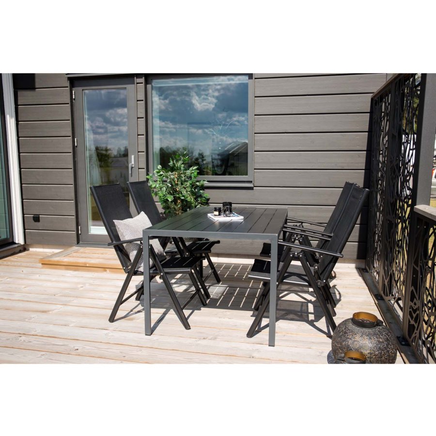 VENTURE DESIGN Gartenset mit Break-Tisch und 4 Break 5-Positionen-Stühlen mit Armlehnen - schwarzes Aluminium und Aintwood