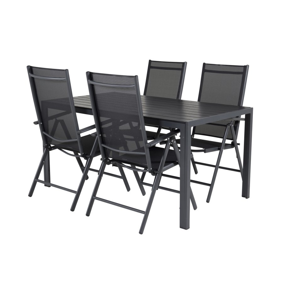 VENTURE DESIGN Gartenset mit Break-Tisch und 4 Break 5-Positionen-Stühlen mit Armlehnen - schwarzes Aluminium und Aintwood