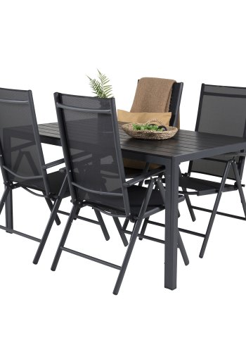 VENTURE DESIGN Gartenset mit Break-Tisch und 4 Break 5-Positionen-Stühlen mit Armlehnen - schwarzes Aluminium und Aintwood