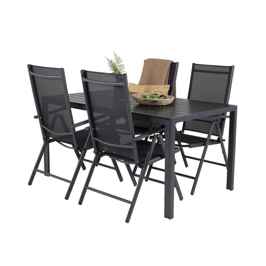 VENTURE DESIGN Gartenset mit Break-Tisch und 4 Break 5-Positionen-Stühlen mit Armlehnen - schwarzes Aluminium und Aintwood