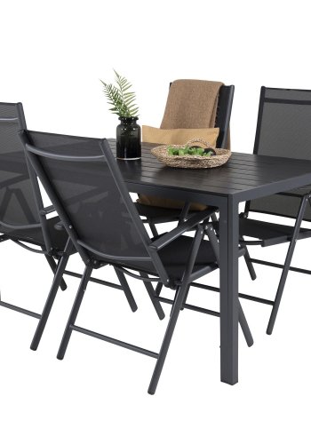 VENTURE DESIGN Gartenset mit Break-Tisch und 4 Break 5-Positionen-Stühlen mit Armlehnen - schwarzes Aluminium und Aintwood