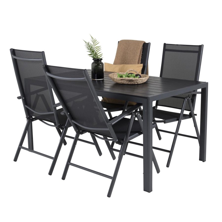 VENTURE DESIGN Gartenset mit Break-Tisch und 4 Break 5-Positionen-Stühlen mit Armlehnen - schwarzes Aluminium und Aintwood