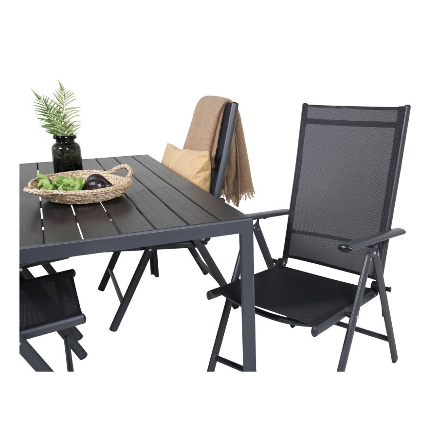 VENTURE DESIGN Gartenset mit Break-Tisch und 4 Break 5-Positionen-Stühlen mit Armlehnen - schwarzes Aluminium und Aintwood