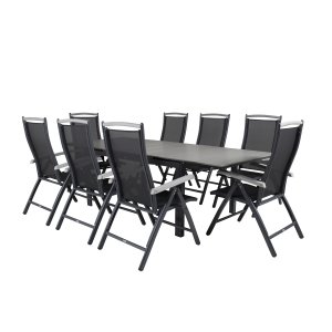 VENTURE DESIGN havest m. Levels bord m. udtrk og 8 Albany stole m. recliner - gr aintwood/sort 