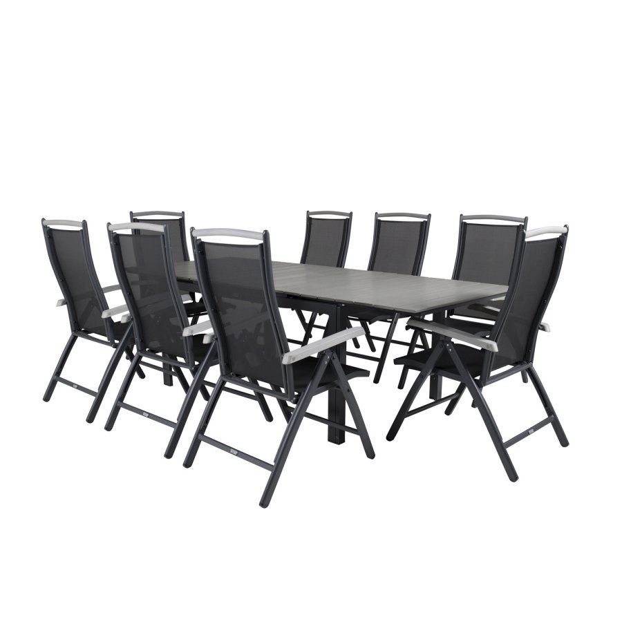 VENTURE DESIGN havest m. Levels bord m. udtrk og 8 Albany stole m. recliner - gr aintwood/sort 