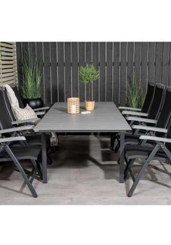 VENTURE DESIGN havest m. Levels bord m. udtrk og 8 Albany stole m. recliner - gr aintwood/sort 