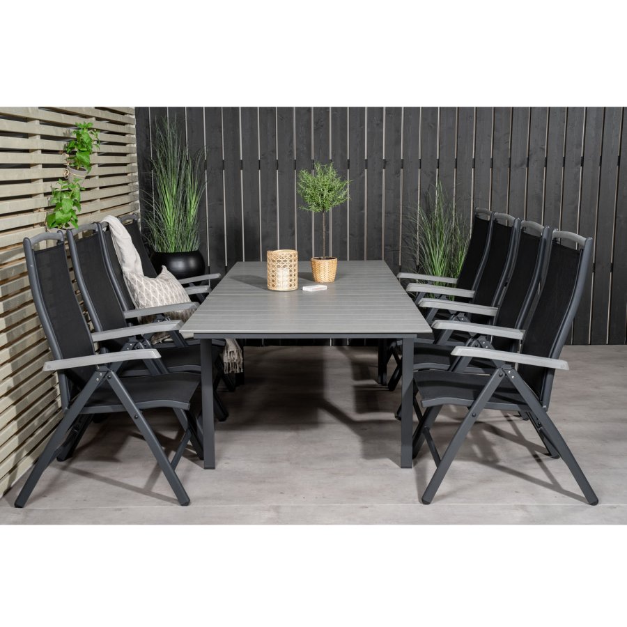 VENTURE DESIGN havest m. Levels bord m. udtrk og 8 Albany stole m. recliner - gr aintwood/sort 