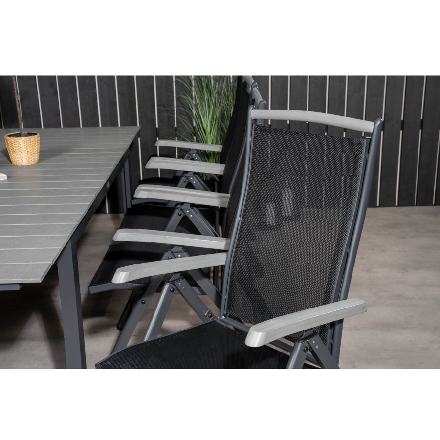 VENTURE DESIGN havest m. Levels bord m. udtrk og 8 Albany stole m. recliner - gr aintwood/sort 