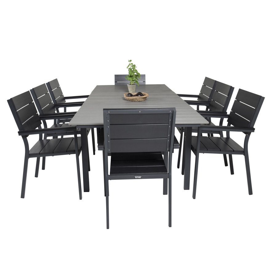 VENTURE DESIGN Levels hagesett med bord med uttrekk og 8 stoler med armlener - gr/svart i tre/svart aluminium