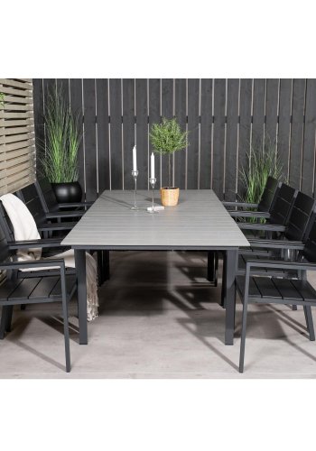 VENTURE DESIGN Levels hagesett med bord med uttrekk og 8 stoler med armlener - gr/svart i tre/svart aluminium