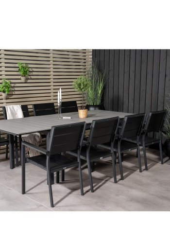 VENTURE DESIGN Levels hagesett med bord med uttrekk og 8 stoler med armlener - gr/svart i tre/svart aluminium
