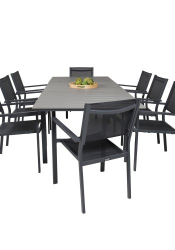 VENTURE DESIGN havest m Levels bord m udtrk og 8 Copacabana stole m armln - gr aintwood/sort alu